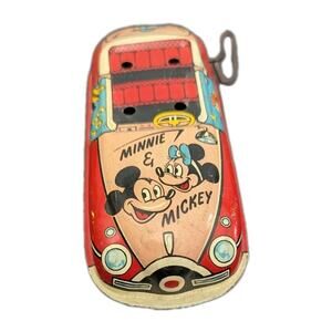 Linemar Disney Donald Duck Pluto Goofy Mickey Minnie Clockwork Wind-Up Car Tin